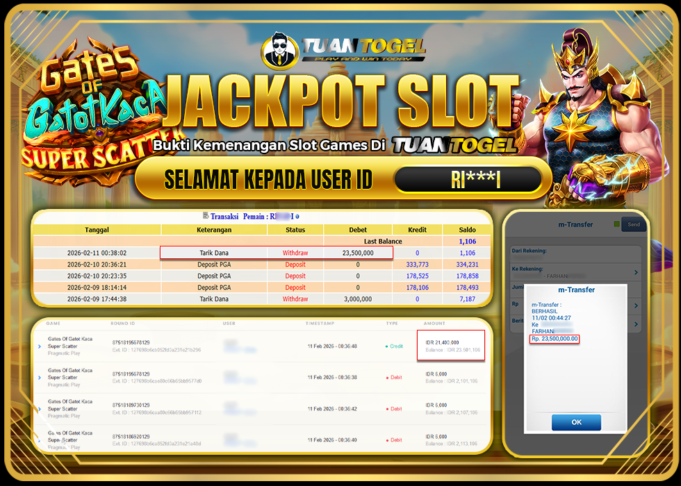 TUANTOGEL JACKPOT SLOT GATES OF GATOT KACA SUPER SCATTER  Rp23.500.000, - LUNAS